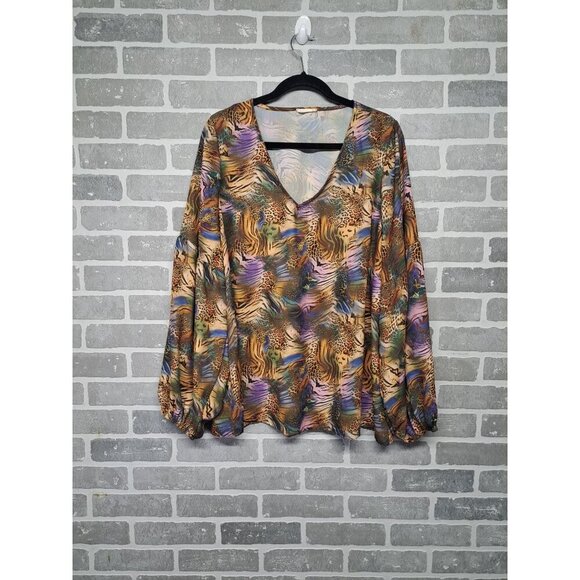 Cotton Bleu Womens Tiger Jungle Print Pullover Balloon Sleeve Blouse‎ Size 1X - Picture 1 of 12